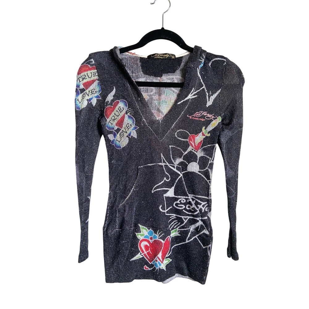 Ed Hardy Christian Audigier Tattoo Graphic Knit Hoodie V-Neck Sweater Grey Med